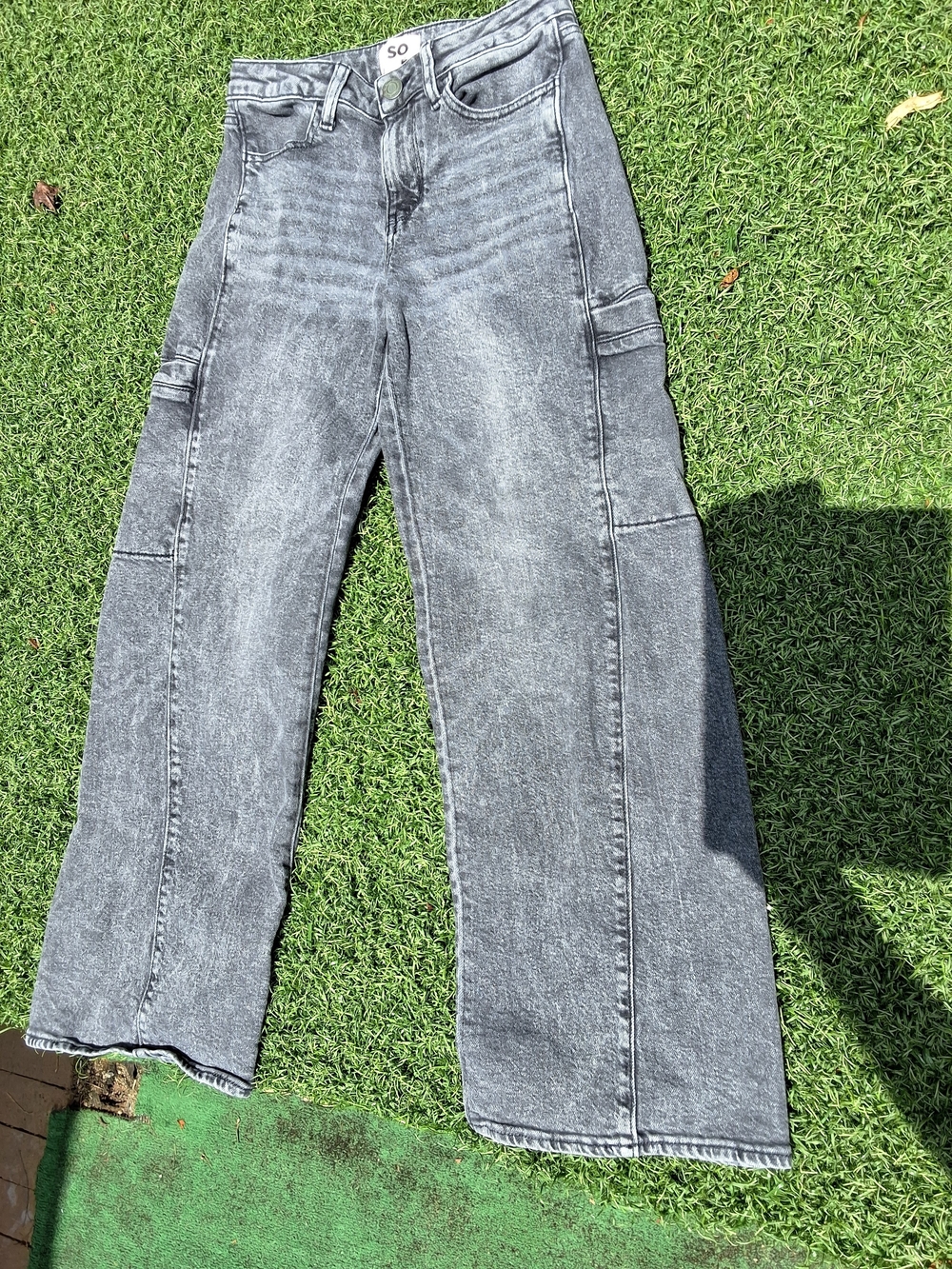 SO Juniors Gray Acid Wash Wide Leg Cargo Jeans Size 3 / 26W High Rise Y2K